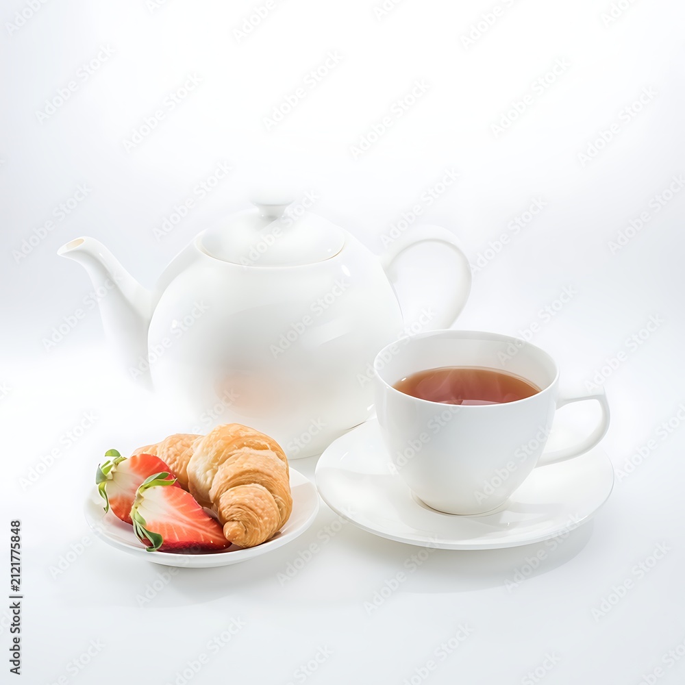Fototapeta premium Freshly baked cinnamon rolls with coffee on white table.