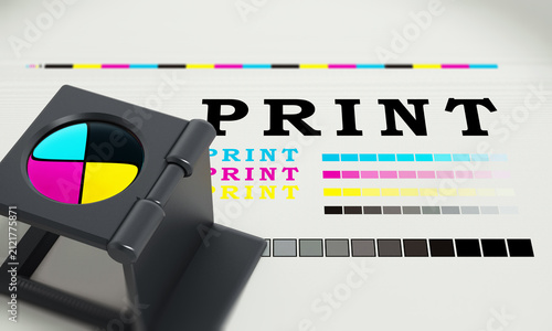 Фотография Printing loupe standing on colour test paper. 3D illustration