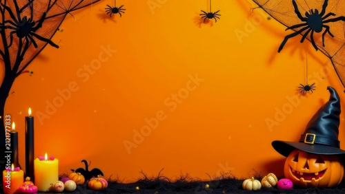 Halloween decorations with a carved pumpkin, black candles, and spiders on an orange background. The scene is festive and spooky, perfect for Halloween.