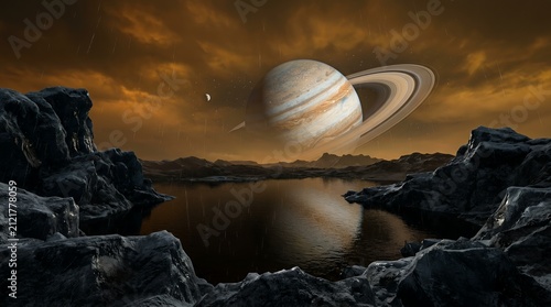 Saturn like ringed planet rising over rocky lunar lake.
