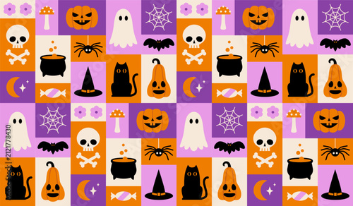 Festive grid seamless pattern with Halloween icons and symbols. Colorful geometric rectangular background, wrapping paper, print, textile or fabric design with cute Halloween design elements.