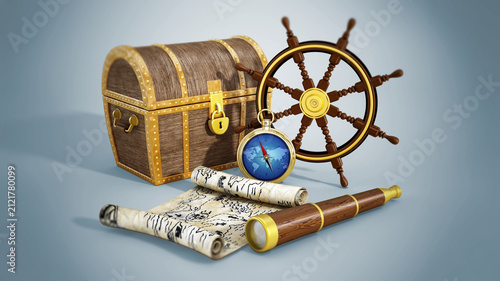 Nautical objects (treasure chest, map, looking glass, wheel and compass). 3D illustration