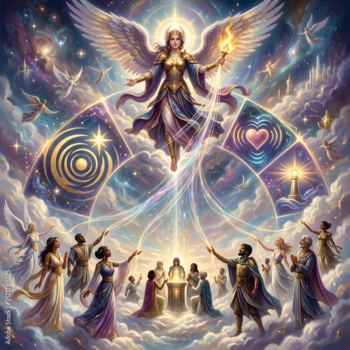 Angel with golden wings ascending into heaven surrounded by clouds.