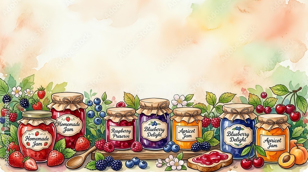 Naklejka premium Homemade jam jars with fresh berries, stone fruits and flowers arranged on wooden surface, watercolor style illustration for food packaging, recipe blogs and culinary design projects.
