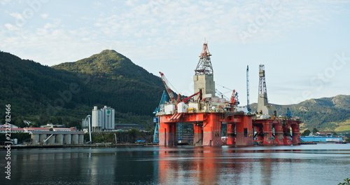 Oil rig platform anchored in a norwegian fjord