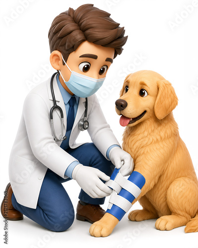 Caring 3D Veterinarian Mascot Applying a Blue Leg Cast to a Golden Retriever Dog