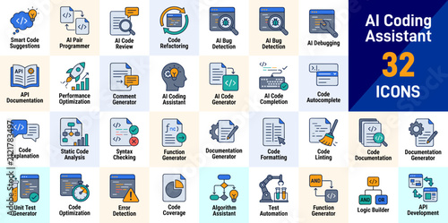 AI Coding Assistant Icons Set Code Review, Debugging, Documentation and Developer Icons