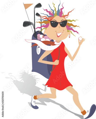 Cheerful golfer woman walking to a golf course