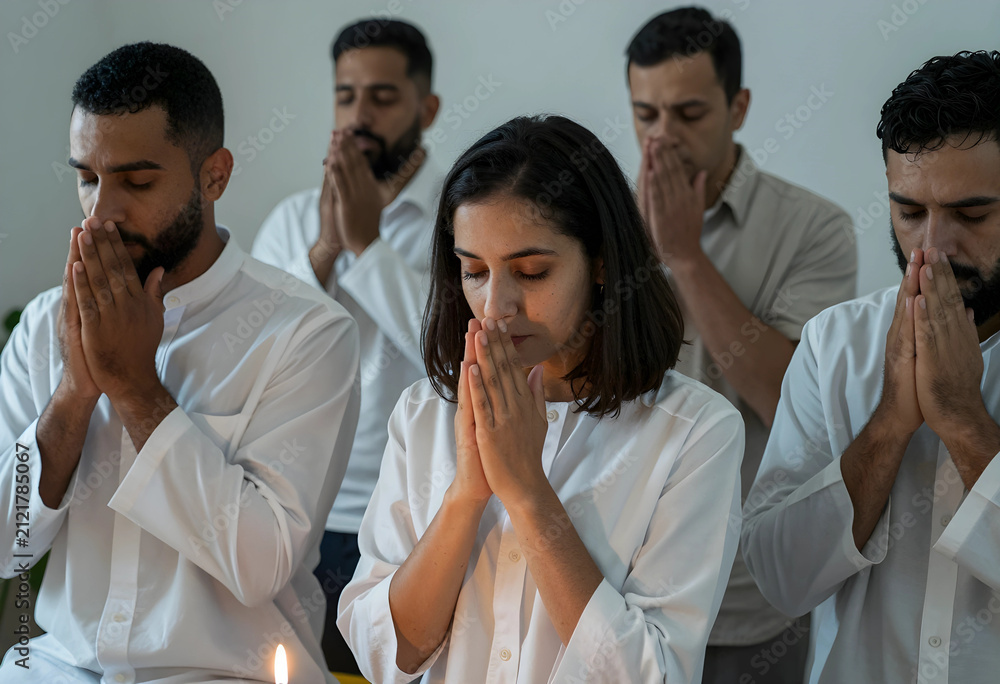 Fototapeta premium Diverse group of people in white clothing praying with hands clasped and eyes closed during a spiritual ceremony