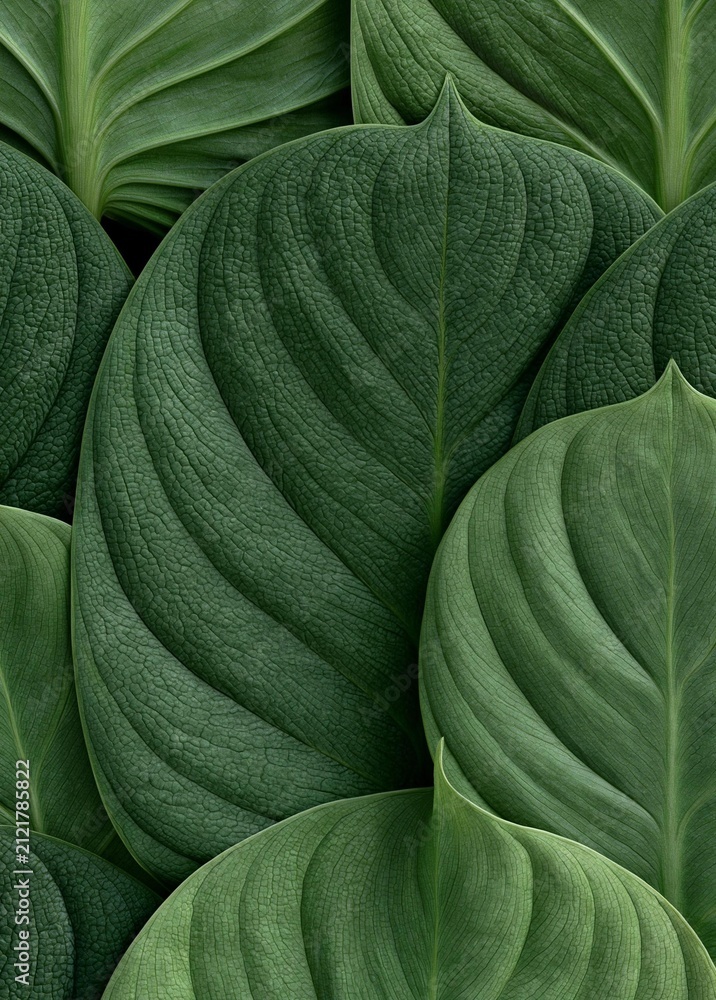 Obraz premium Close-up of a group of large, dark green leaves. the leaves are arranged in a repeating pattern, with each leaf having a unique shape and size.