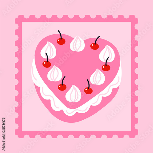 Postage stamp with сute heart-shaped cake with cherries. Cute Valentine's Day stamp design. Romantic postal sticker. Love themed philatelic collection. Vector illustration in flat cartoon style