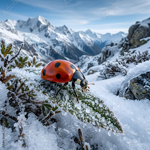 Orange life ring floating in snowy mountain landscape.