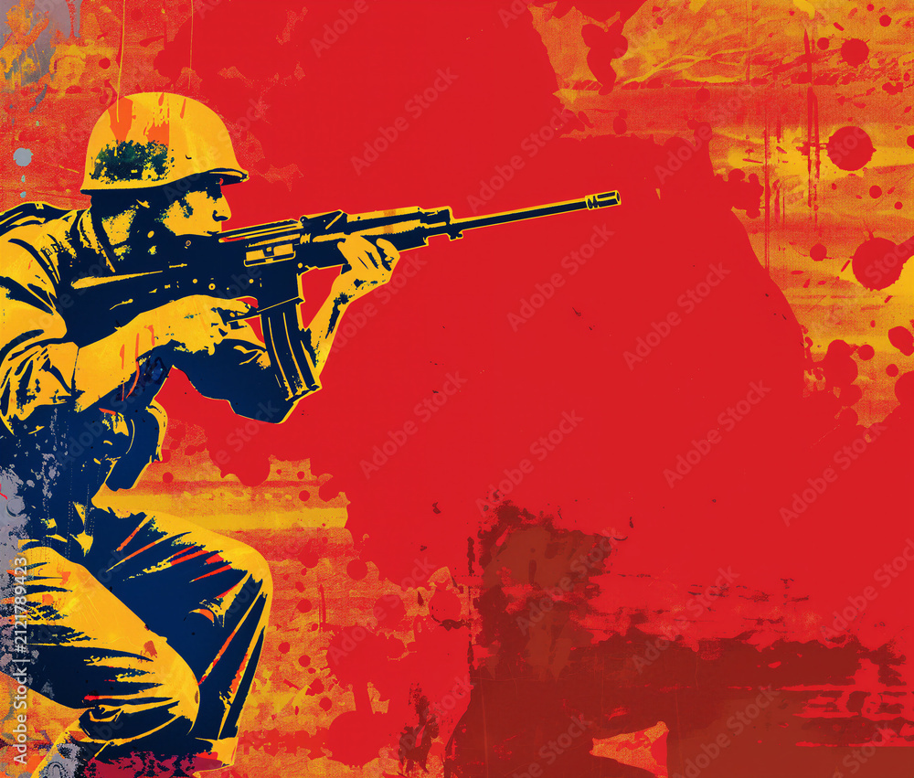 Obraz premium Pop art soldier aiming a rifle on a red background