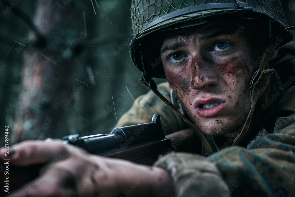 Obraz premium Soldier aiming a rifle while lying outdoors