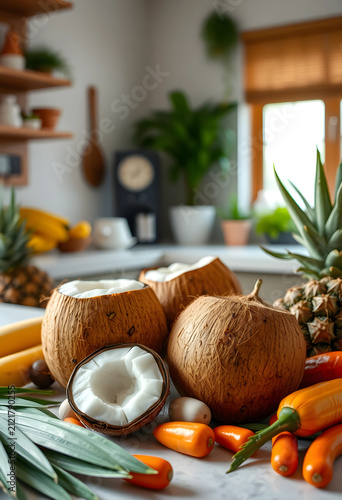 Fresh coconuts and tropical...