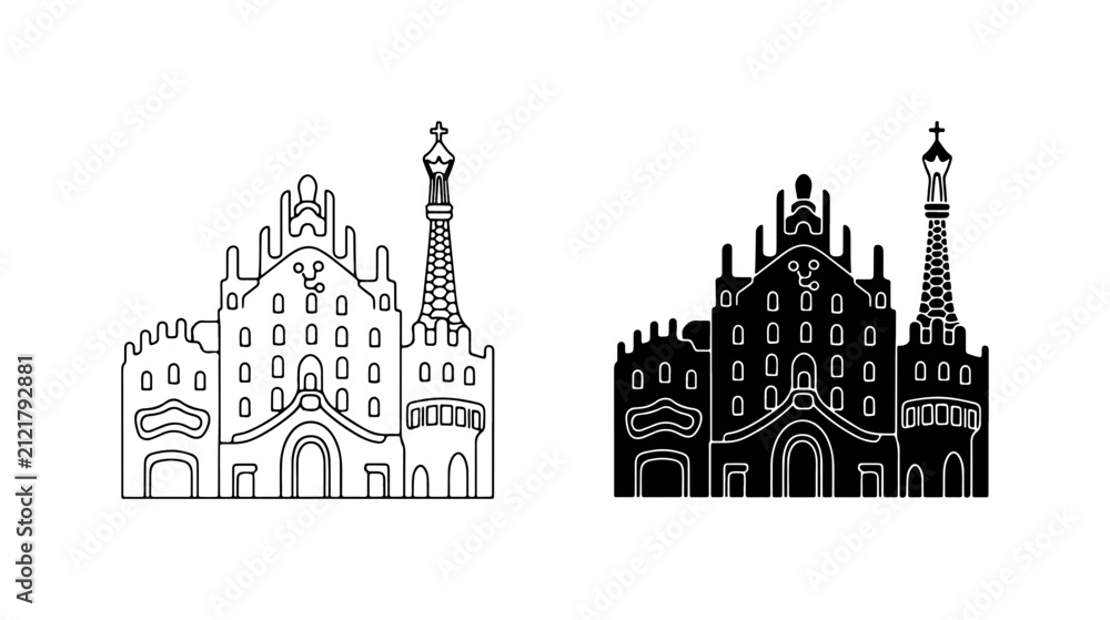 Fototapeta premium Iconic Building Silhouette, Architectural Landmark Outline, Famous Structure Vector Art, Black and White Design