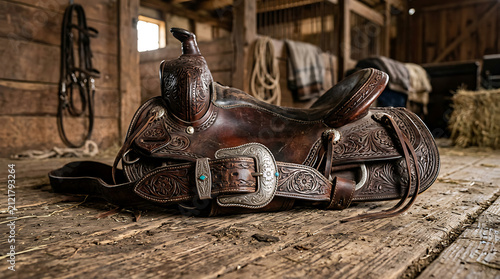 Ornate western leather saddle with silver buckles resting on a rustic wooden surface in a barn setting