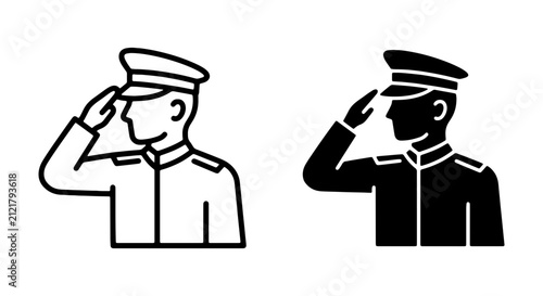 Military Officer Saluting Icon, Soldier Uniform Silhouette, Respectful Gesture Vector Set