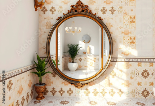 Ornate oval mirror reflecti...