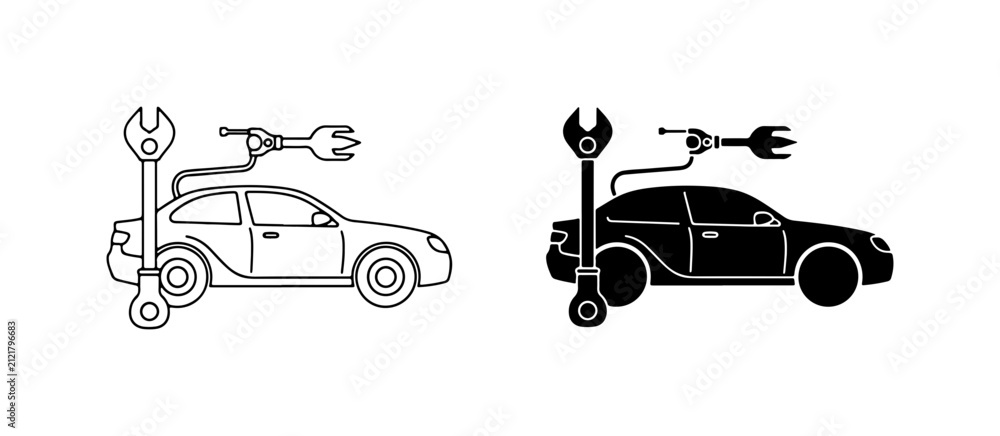 Fototapeta premium Electric Car Service Icons, EV Maintenance Symbols, Automotive Repair Tools, Clean Energy Vehicle