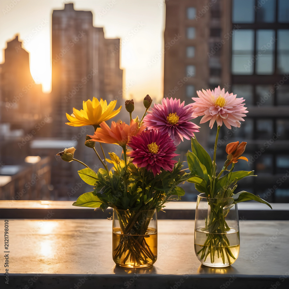 Obraz premium Colorful flower bouquets in glass vases on a rooftop with city buildings and golden hour sunset light, Tranquil urban outdoor setting with natural floral elements