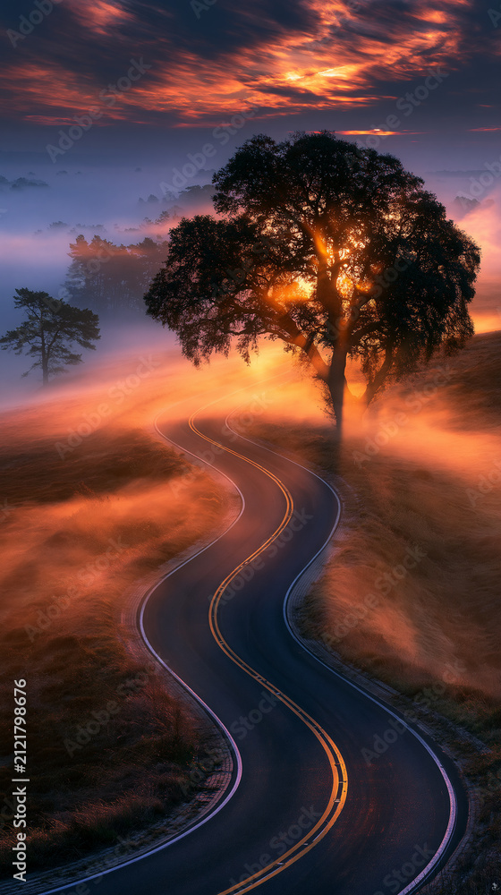 Obraz premium misty road emerging into sunrise light, serpentine asphalt through morning fog, ethereal dawn landscape with winding road
