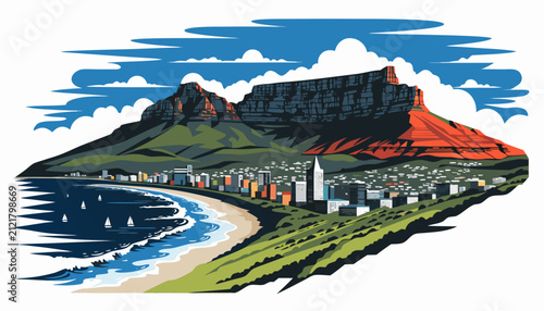 Very beautiful realistic vector illustration of the TABLE MOUNTAIN featuring the iconic flat-topped mountain, Cape Town skyline, lush greenery, ocean coastline and dramatic blue skies, isolated on whi