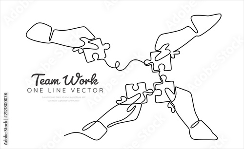 Puzzle pieces one continuous line drawing with hands connecting fragments, symbol of teamwork and solution. Hand made vector illustration. Editable stroke