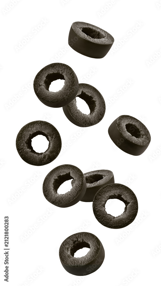 Obraz premium Falling black Olive slice, isolated, full depth of field