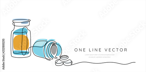 Continuous line art of medicine bottle and pills. Minimalist pharmaceutical illustration for healthcare, pharmacy or medical concept. One line drawing with clean outline. Hand drawn one line vector. 

