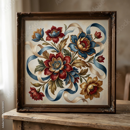 Vintage framed floral artwork with ornate gold frame.