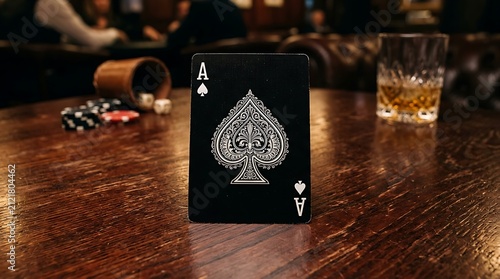 Luxury black ace of spades card standing upright on a wooden table during a poker game.