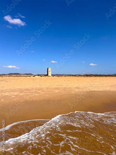 view from the beach between Conil de la Frontera and El Palmar at the Torre Vigía de Castilnovo, Playa de Castilobo, Andalusia, Costa de la Luz, Spain