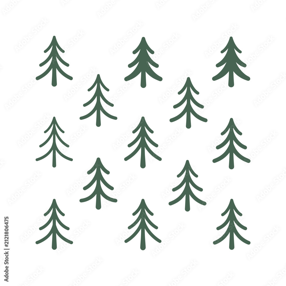 Obraz premium Scattered dark green stylized pine tree illustrations creating a minimalist nature pattern on white