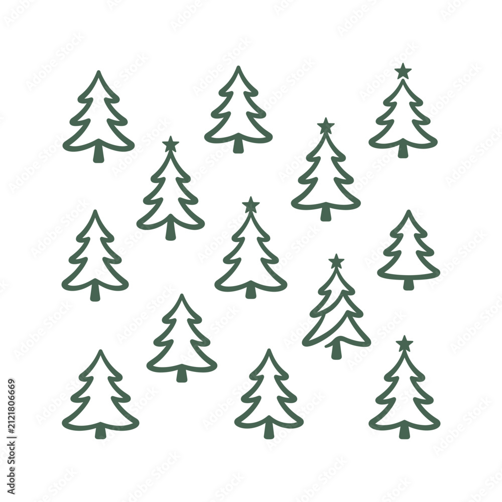 Obraz premium Simple dark green Christmas tree outlines, some featuring stars, are arranged on a clean white background