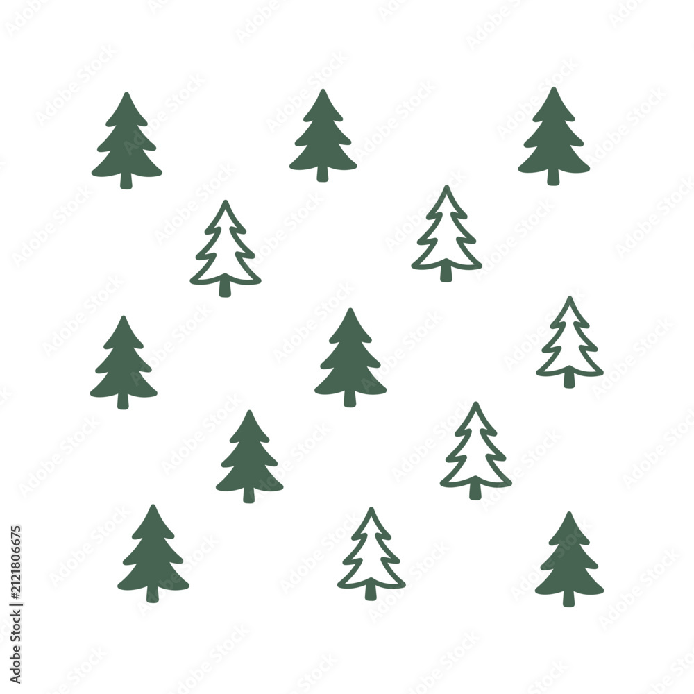Obraz premium Stylized dark green evergreen trees and outlines in a repeating pattern on a white background
