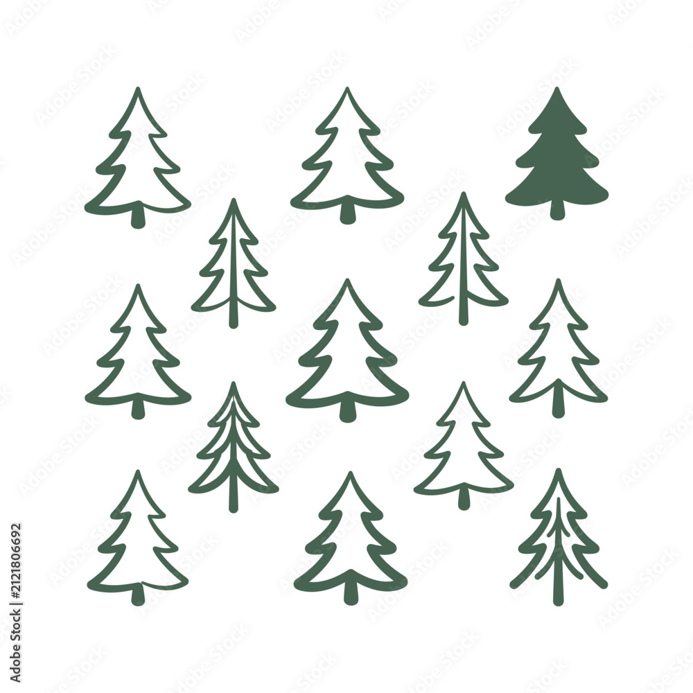 Obraz premium A collection of stylized green pine trees and Christmas tree doodles are arranged on a white background