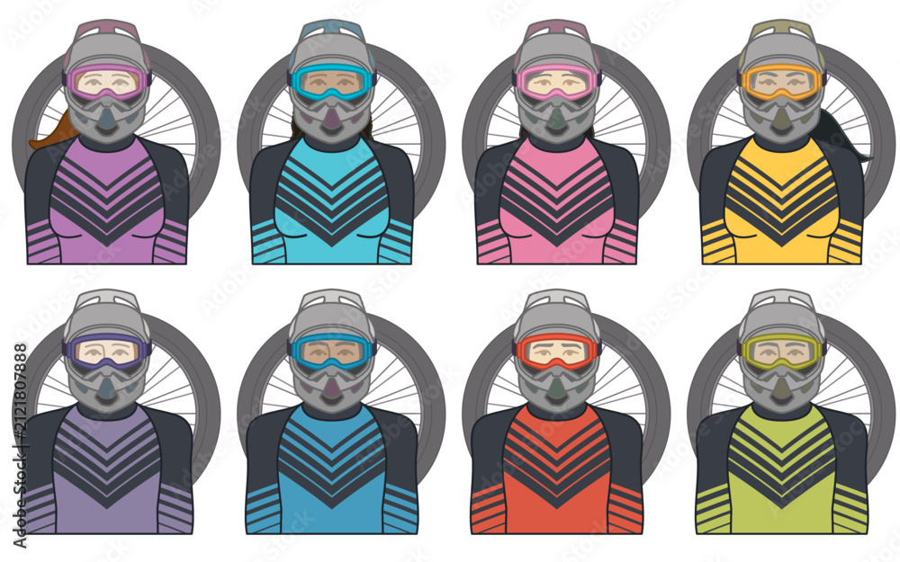 Fototapeta premium diversity, race, ethnicity of bmx motocross extreme sport, racing cyclist vector icons, male and female, wearing helmet, isolated on a white background