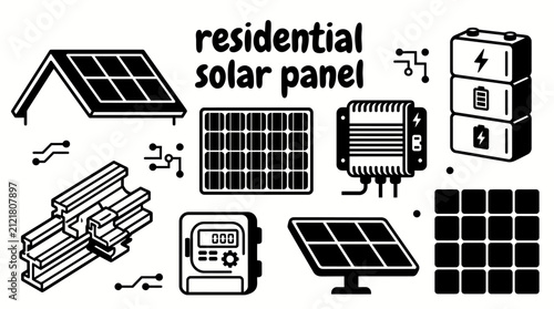 residential solar energy systems featuring rooftop solar panels photovoltaic modules inverters battery storage mounting rails smart meters and home energy equipment set for renewable energy