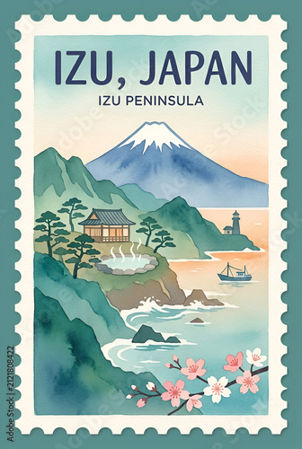 postage stamp Izu, Japan mountain landscape