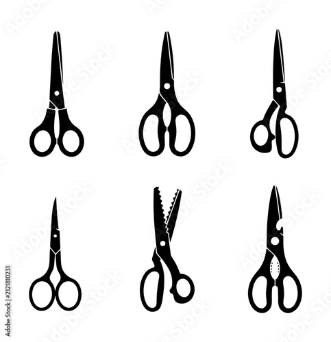 Collection of Six Black Scissors Icons, Tailor Shears and Craft Cutting Tools, Vector Set for Design