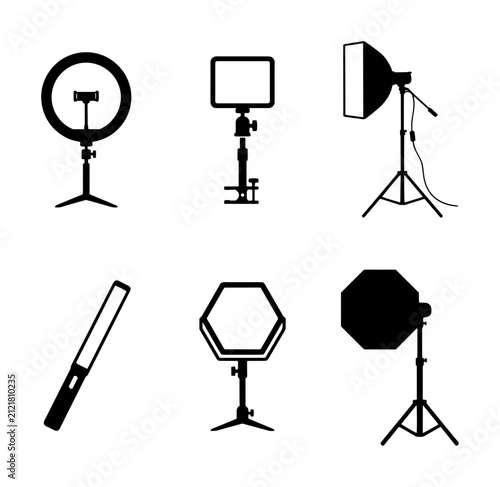 Photography Lighting Equipment Set, Professional Studio Gear Icons, Ring Light, Softbox, LED Panel, Light Stick, Octabox, Hexabox, Vector Graphics for Video Production and Content Creation