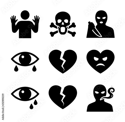 Crime and Danger Icons: Skull and Crossbones, Masked Attacker, Broken Heart, Crying Eye, Surrender Silhouette, Vector Symbols for Security and Warning