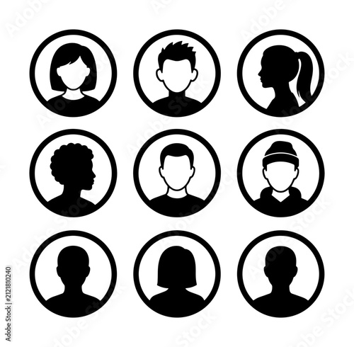 Diverse User Profile Icons Set, Vector Avatars Collection, Human Silhouette Portraits, Simple Circle Graphics for Web and App Design