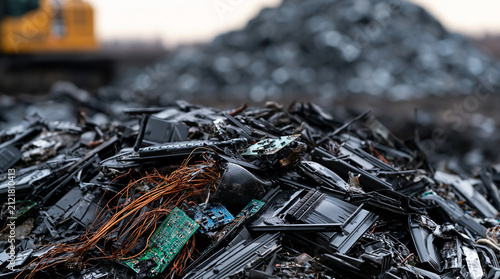 A massive heap of discarded electronic waste and copper wires in a scrapyard. E-waste recycling concept for.