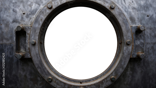 Industrial steel porthole with transparent circular opening frame
