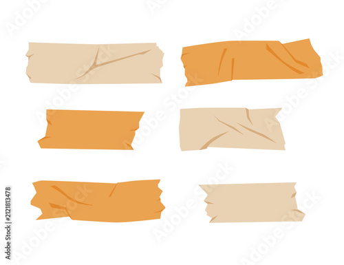 Collection of sticky scotch tape pieces in different sizes, isolated on a white background, ideal for packaging, office