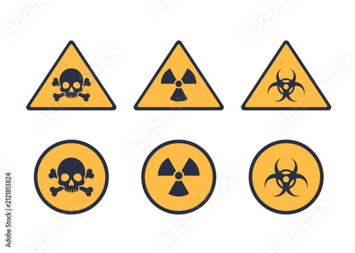 Radiation warning sign vector icon featuring the classic trefoil symbol, illustrated in black and yellow for nuclear