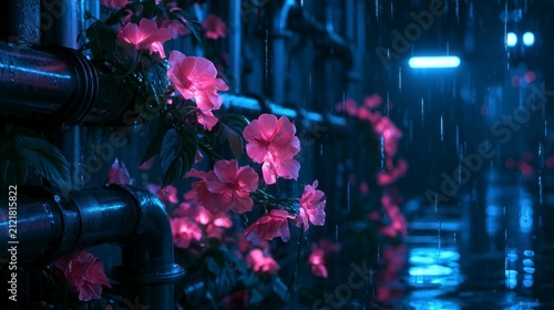 Glowing pink flowers blooming on industrial pipes in a rainy cyberpunk city alley at night