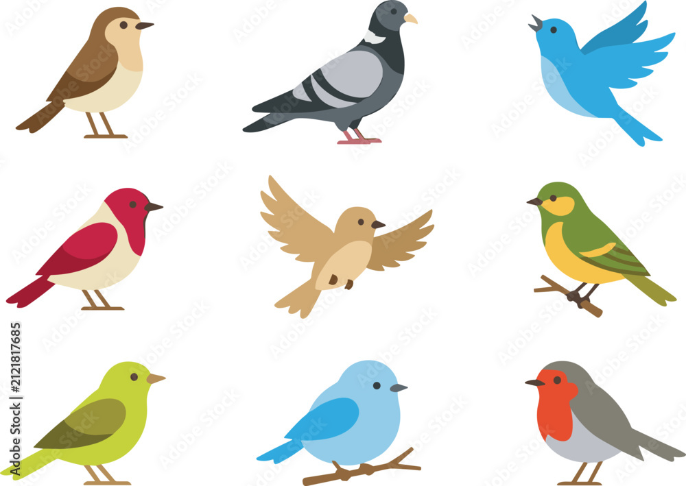 Fototapeta premium Cute colorful wild birds flat vector illustrations set . Collection of isolated flying sparrow, pigeon, flying bluebird, robin, generic nature design elements .
